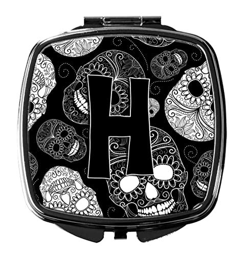 Caroline's Treasures CJ2008-HSCM Letter H Day of the Dead Skulls Black Compact Mirror Decorative Travel Makeup Mirror for Women Girls Gifts Pocket Makeup Mirror Folding Handheld - Image 1