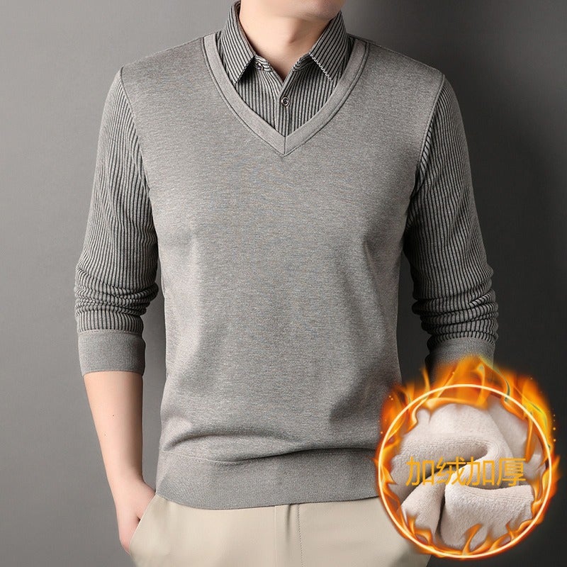 Advanced Sense Fake Two-Piece Sweater Knitted Jacket Shirt Collar Fleece-Lined Thickened Warm New Style Striped Polo Shirt Base - Image 1