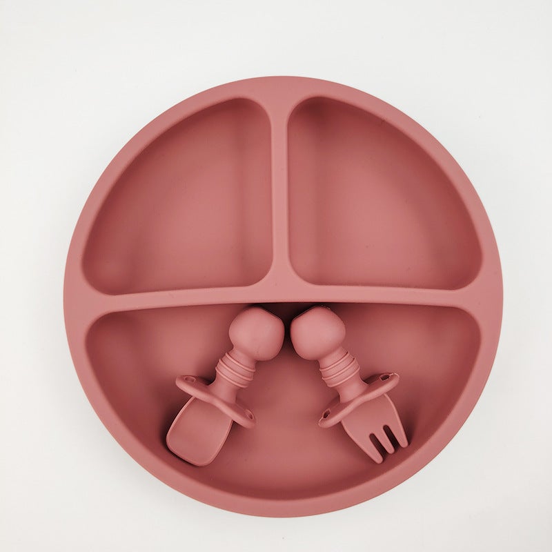 Baby Silicone Bowl Spoon Set CartoonRound plate + short fork spoon (brick red) Round plate + short fork spoon (brick red) 