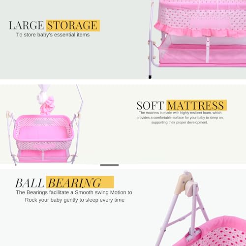 Infanto Baby Bassinet/Cradle, Palna, Swing (0–12 Months) with Ball-Bearing Swing, Swing Lock, Mosquito Net, Storage Basket & Sturdy Metal Frame | Portable Foldable Newborn Cot (Pink) - Image 2