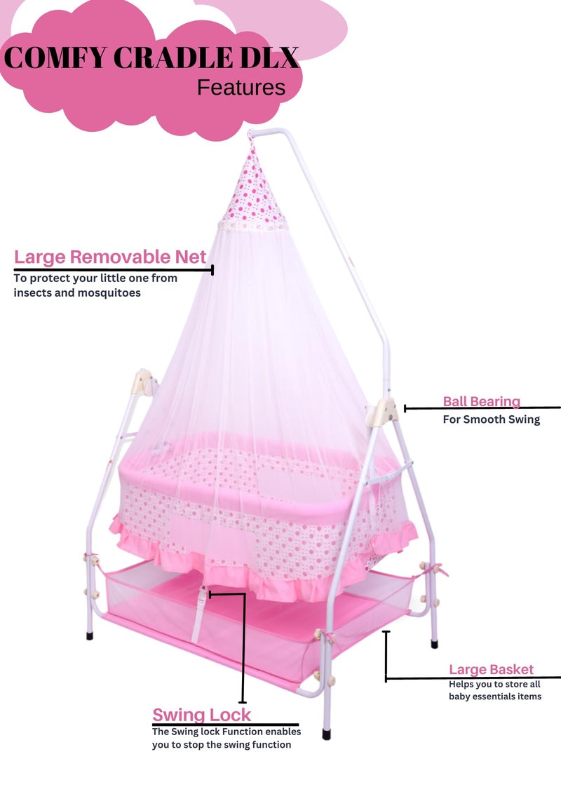 Infanto Baby Bassinet/Cradle, Palna, Swing (0–12 Months) with Ball-Bearing Swing, Swing Lock, Mosquito Net, Storage Basket & Sturdy Metal Frame | Portable Foldable Newborn Cot (Pink) - Image 3