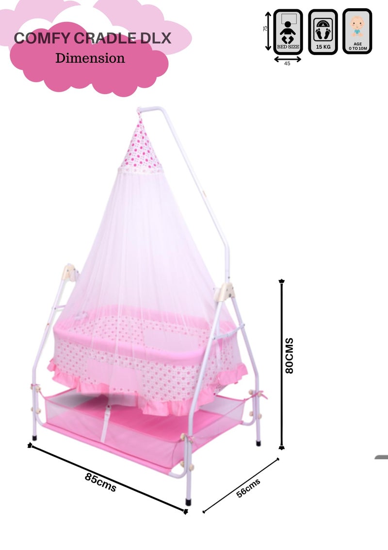 Infanto Baby Bassinet/Cradle, Palna, Swing (0–12 Months) with Ball-Bearing Swing, Swing Lock, Mosquito Net, Storage Basket & Sturdy Metal Frame | Portable Foldable Newborn Cot (Pink) - Image 4