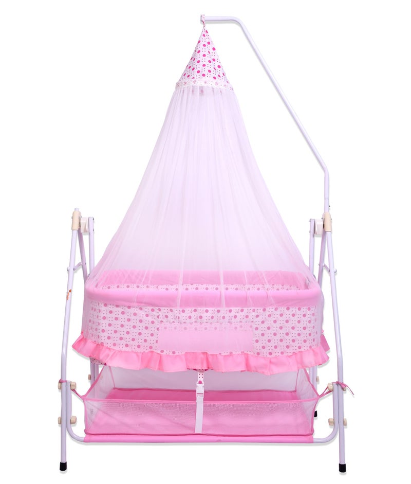 Infanto Baby Bassinet/Cradle, Palna, Swing (0–12 Months) with Ball-Bearing Swing, Swing Lock, Mosquito Net, Storage Basket & Sturdy Metal Frame | Portable Foldable Newborn Cot (Pink) - Image 1