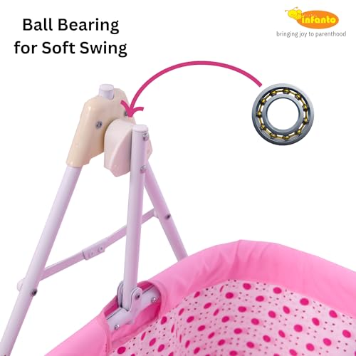 Infanto Baby Bassinet/Cradle, Palna, Swing (0–12 Months) with Ball-Bearing Swing, Swing Lock, Mosquito Net, Storage Basket & Sturdy Metal Frame | Portable Foldable Newborn Cot (Pink) - Image 5