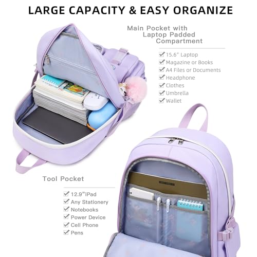 LXYGD Backpack for Girls with Accessories Laptop Bookbags 16 Inch Kawaii Kids Elementary Middle High School Bag College Travel Daypack Gifts for Teens Women Students (Purple) - Image 3