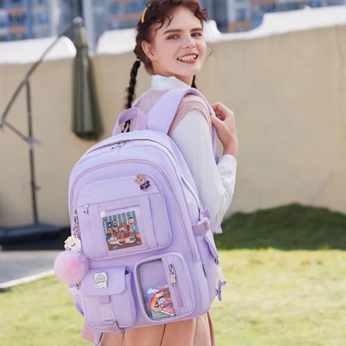 LXYGD Backpack for Girls with Accessories Laptop Bookbags 16 Inch Kawaii Kids Elementary Middle High School Bag College Travel Daypack Gifts for Teens Women Students (Purple) - Image 2