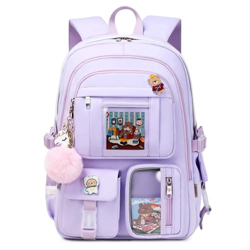 LXYGD Backpack for Girls with Accessories Laptop Bookbags 16 Inch Kawaii Kids Elementary Middle High School Bag College Travel Daypack Gifts for Teens Women Students (Purple) - Image 1