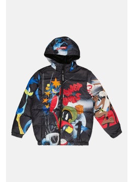 Looney Tunes Kids Boy Cartoon Print Quilted Jacket, Black Combo  - Image 1