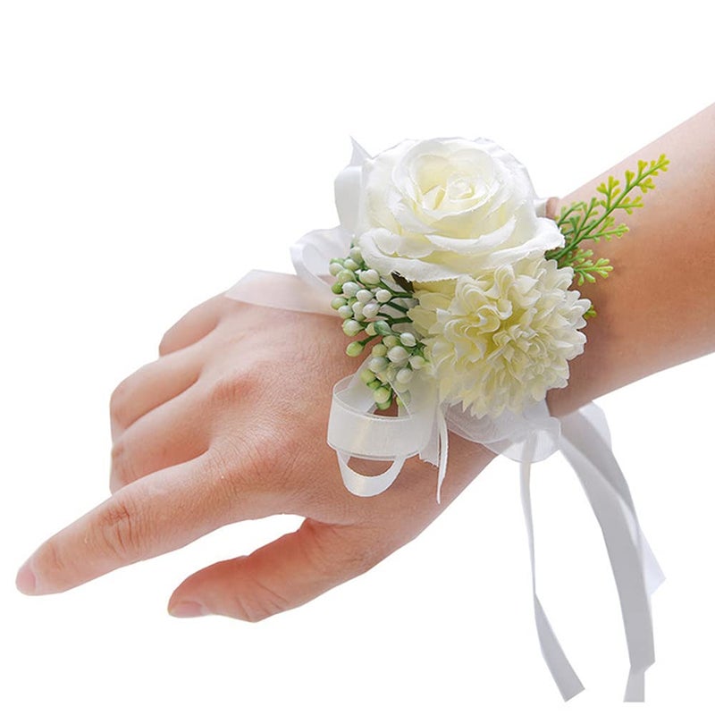 ARTFLWS ARTFLWS 2 Pack Rose Wrist Corsages Wristband Hand Flowers for Wedding Bridesmaid Bridal Shower Prom Party 2 Wrist Corsages White 