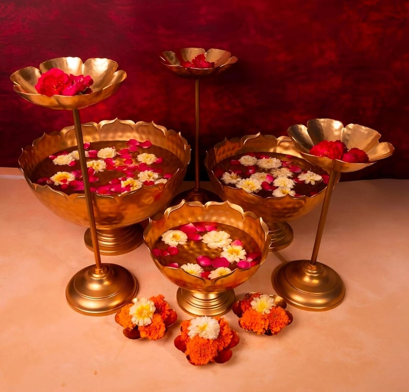 MAXXINN Decorative Urli Bowl Set, 6 Pieces Gold Hammered Candle Stand with Floating Diya Holder, Festival Home Decor, 24 cm - Image 5