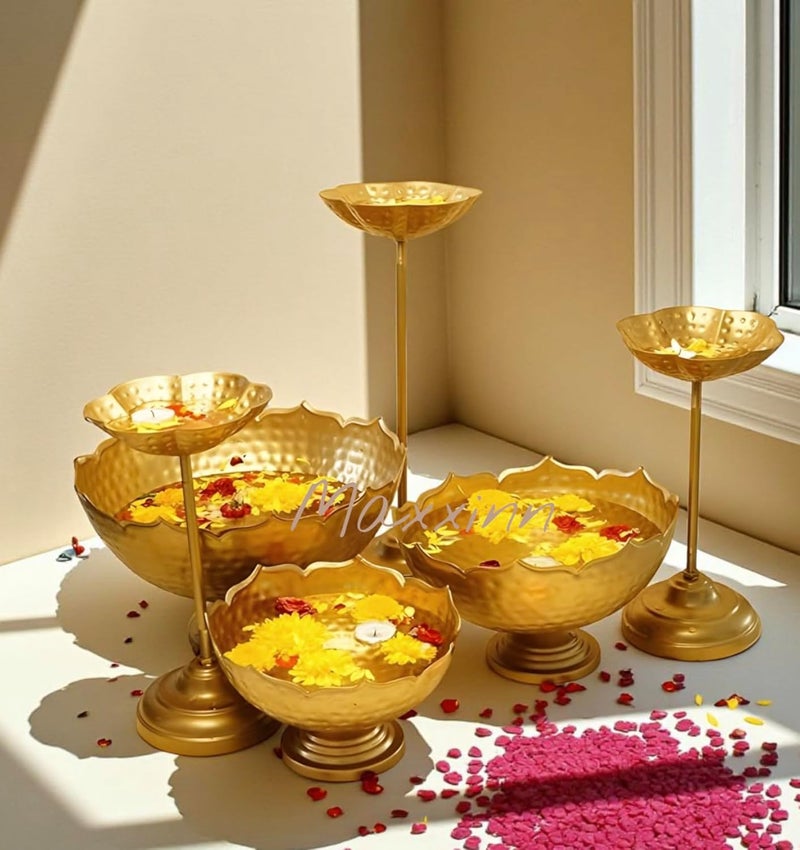 MAXXINN Decorative Urli Bowl Set, 6 Pieces Gold Hammered Candle Stand with Floating Diya Holder, Festival Home Decor, 24 cm - Image 1