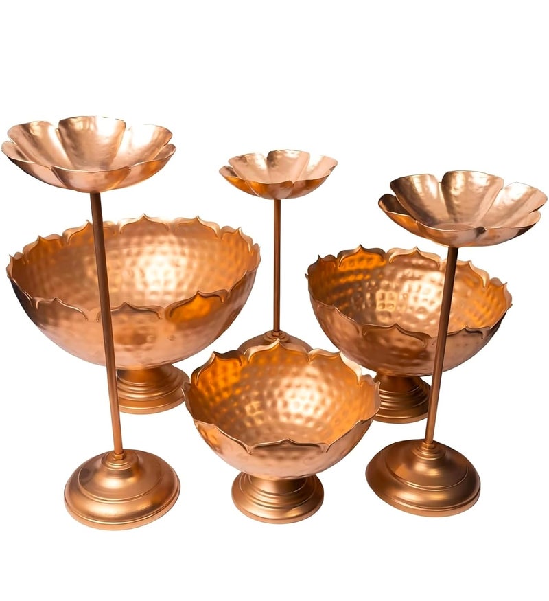 MAXXINN Decorative Urli Bowl Set, 6 Pieces Gold Hammered Candle Stand with Floating Diya Holder, Festival Home Decor, 24 cm - Image 4