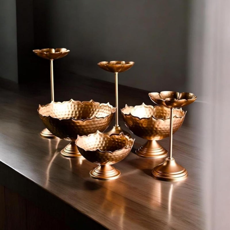MAXXINN Decorative Urli Bowl Set, 6 Pieces Gold Hammered Candle Stand with Floating Diya Holder, Festival Home Decor, 24 cm - Image 2