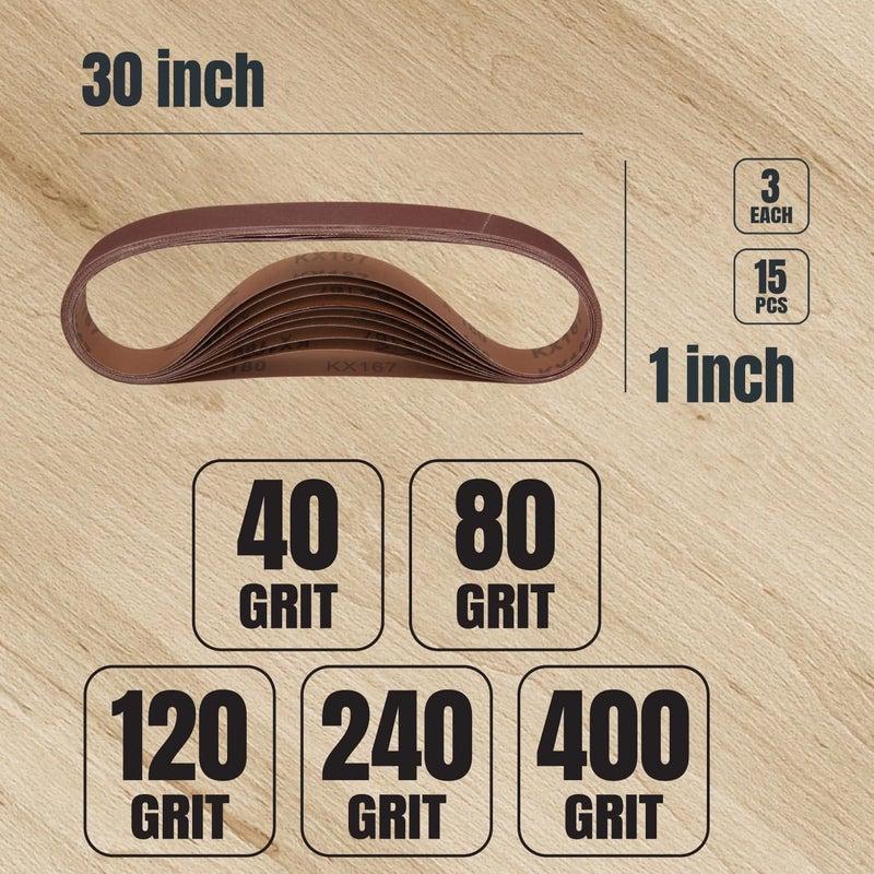POWERTEC 1x30 Sanding Belts, 15PK, 3 Each of 40/80/120/240/400 Grits, 1 x 30 Inch Aluminum Oxide Sanding Belts for Belt Grinder, Belt and Disc Sander, Knife Sharpening, Woodworking (11127-3) - Image 2