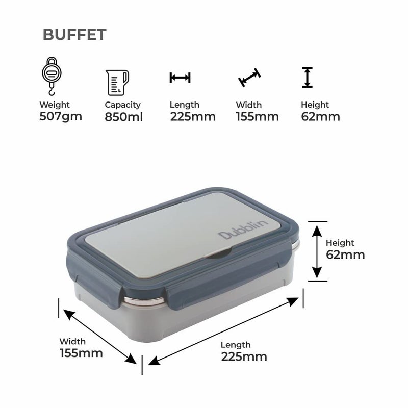 DUBBLIN Buffet Stainless Steel Lunch Box Insulated Airtight Spill Proof with Spoon, Fork & Mini sabzi Container Inside, 850 ml, Grey - Image 2