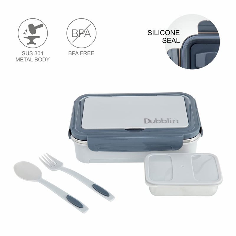 DUBBLIN Buffet Stainless Steel Lunch Box Insulated Airtight Spill Proof with Spoon, Fork & Mini sabzi Container Inside, 850 ml, Grey - Image 3
