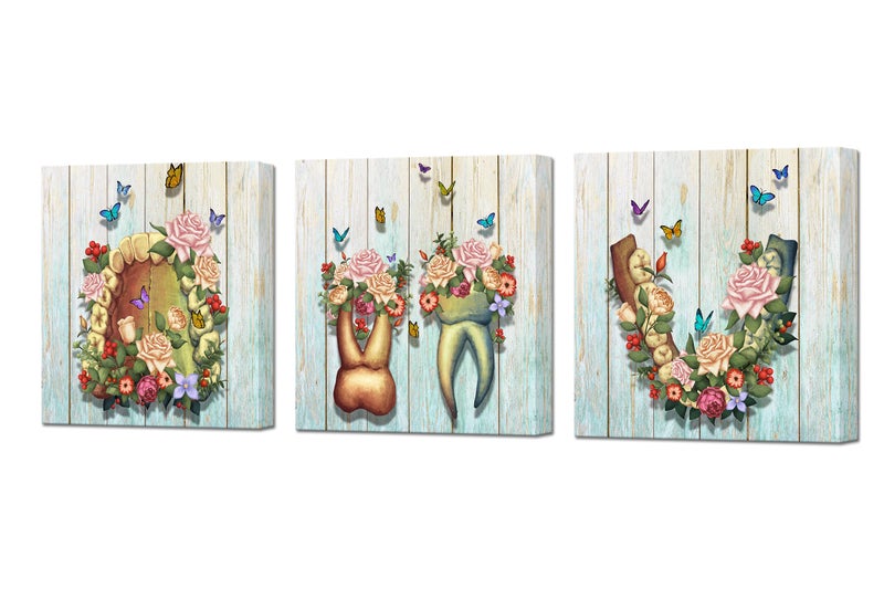 DuoBaorom 3 Pieces Dental Art Anatomy Human Teeth Flower Butterflies Picture Wall Art for Dental Clinic Dentistry Office Medical Decor Stretched Ready to Hang 12x12inchx3pcs