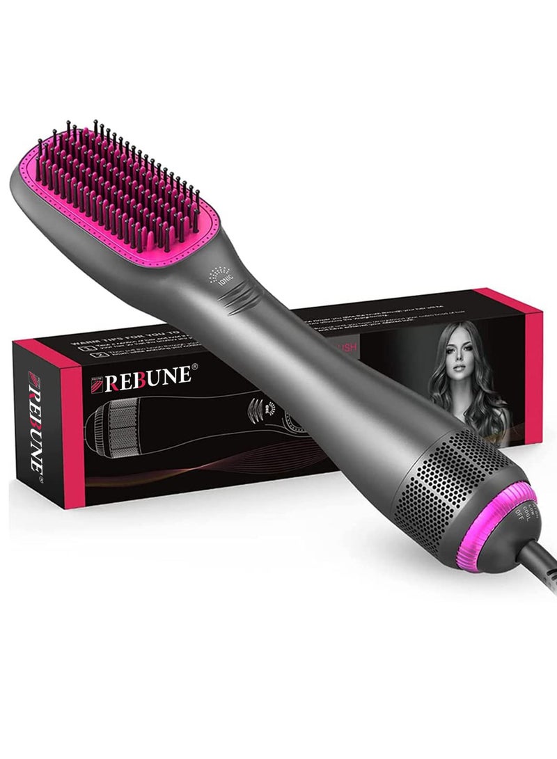 REBUNE 3 in 1 Hair Dryer Brush & Straightener Brush, Professional 1200W Powerful Ceramic Tourmaline Ionic Hot Air Brush, 3 Heat/2 Speed Settings One-Step Hair Dryer and Styler grey - Image 1
