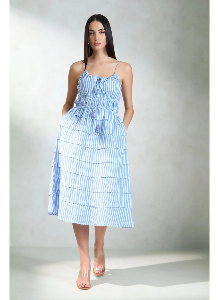 Virgio Virgio Women Cotton U Neck Midi Length Stripes Sleeveless Dress