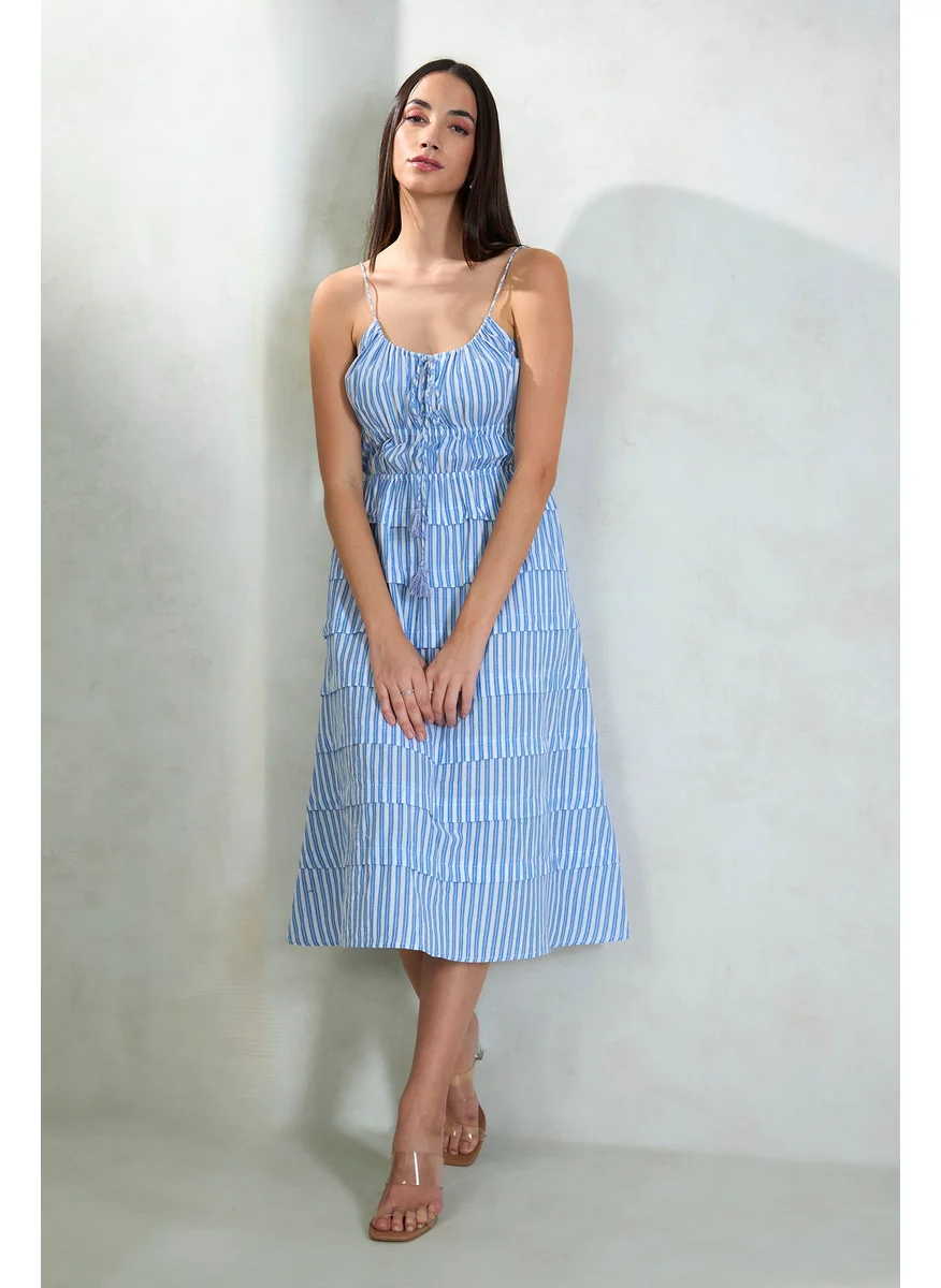 Virgio Virgio Women Cotton U Neck Midi Length Stripes Sleeveless Dress