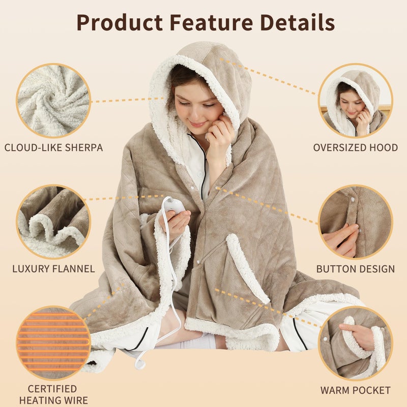 ESTINGO Wearable Heated Blanket Electric Throw, Heated Shawl with 6 Heating Levels and 1-4 Hours Auto Off, Heated Hoodie Women for Mom Women Seniors Grandma 50"Ã—64" Light Beige - Image 2