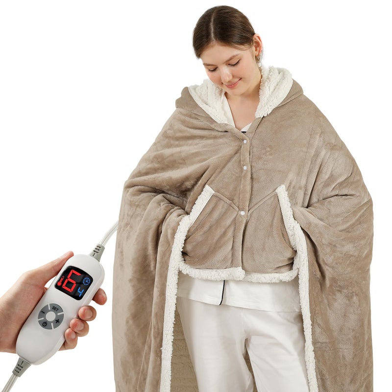 ESTINGO Wearable Heated Blanket Electric Throw, Heated Shawl with 6 Heating Levels and 1-4 Hours Auto Off, Heated Hoodie Women for Mom Women Seniors Grandma 50"Ã—64" Light Beige - Image 1