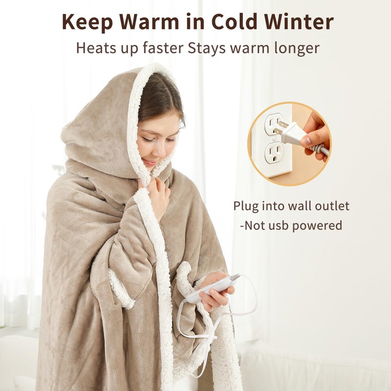 ESTINGO Wearable Heated Blanket Electric Throw, Heated Shawl with 6 Heating Levels and 1-4 Hours Auto Off, Heated Hoodie Women for Mom Women Seniors Grandma 50"Ã—64" Light Beige - Image 3