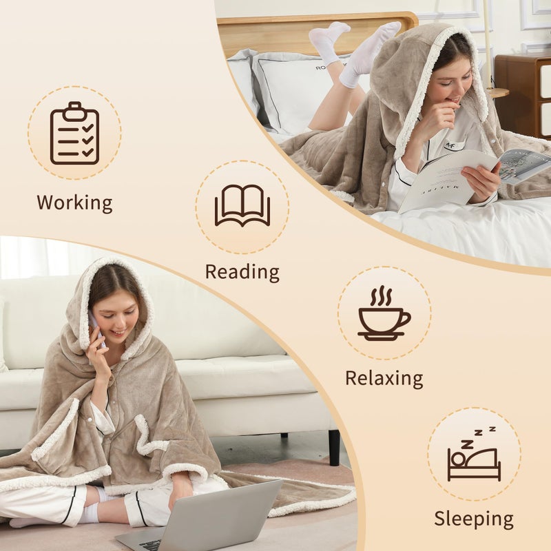 ESTINGO Wearable Heated Blanket Electric Throw, Heated Shawl with 6 Heating Levels and 1-4 Hours Auto Off, Heated Hoodie Women for Mom Women Seniors Grandma 50"Ã—64" Light Beige - Image 4