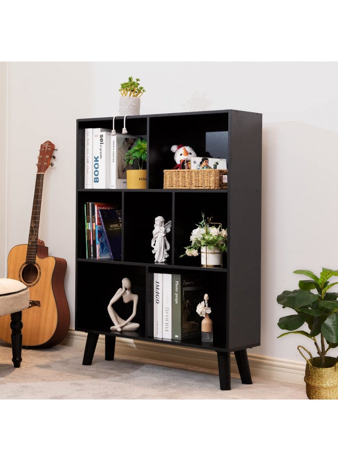 YAHARBO YAHARBO Black Bookshelf,3 Tier Modern Bookcase with Legs,Bookshelves Wood Storage Shelf, Open Book Shelves Cube Organizer,Freestanding Short Bookcases  - Image 1