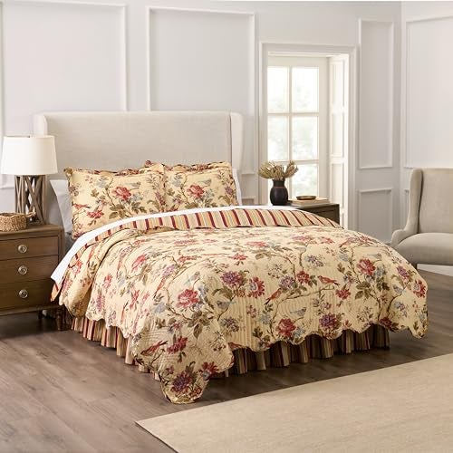 Waverly Charleston Chirp Modern Farmhouse Floral 4-Piece Reversible Quilt Bedspread Set, King, Papaya - Image 3