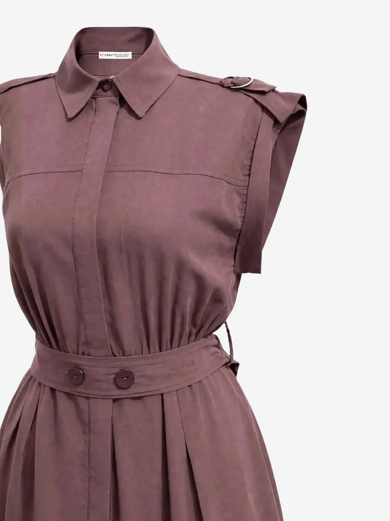 ميكسراي MIXRAY Textured A-Line Midi Shirt Dress with Belt