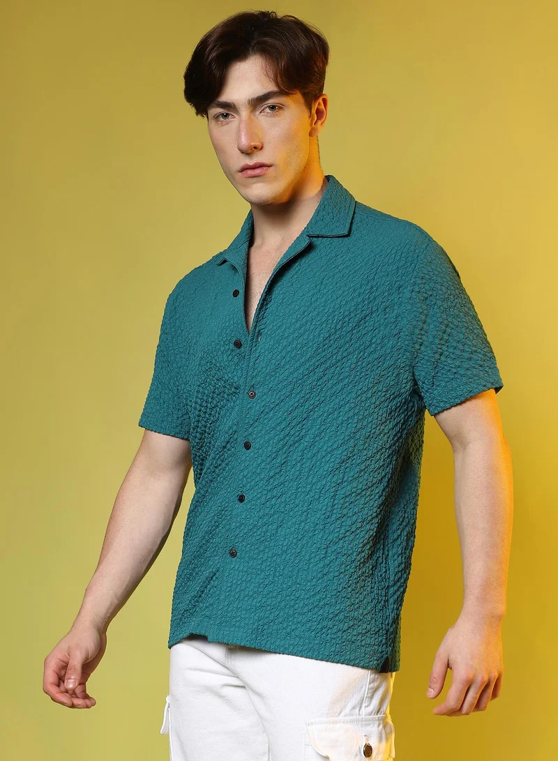 Campus Sutra Men's Teal Green Self-Design Creased Striped Shirt