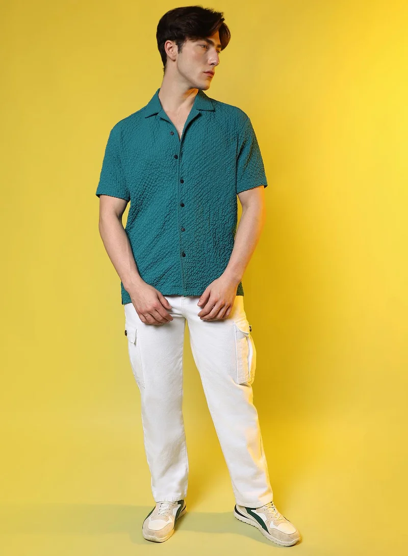 Campus Sutra Men's Teal Green Self-Design Creased Striped Shirt