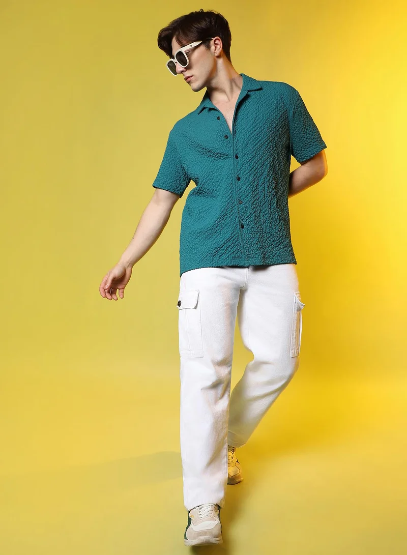 Campus Sutra Men's Teal Green Self-Design Creased Striped Shirt