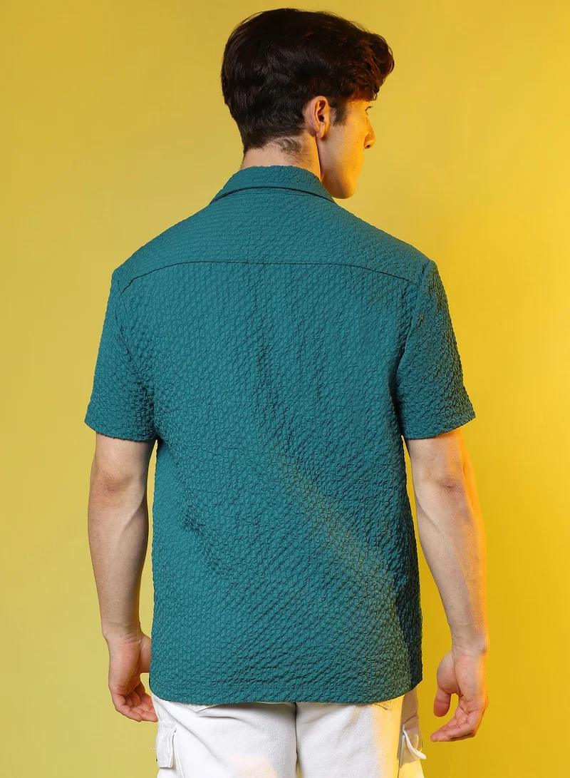 Campus Sutra Men's Teal Green Self-Design Creased Striped Shirt