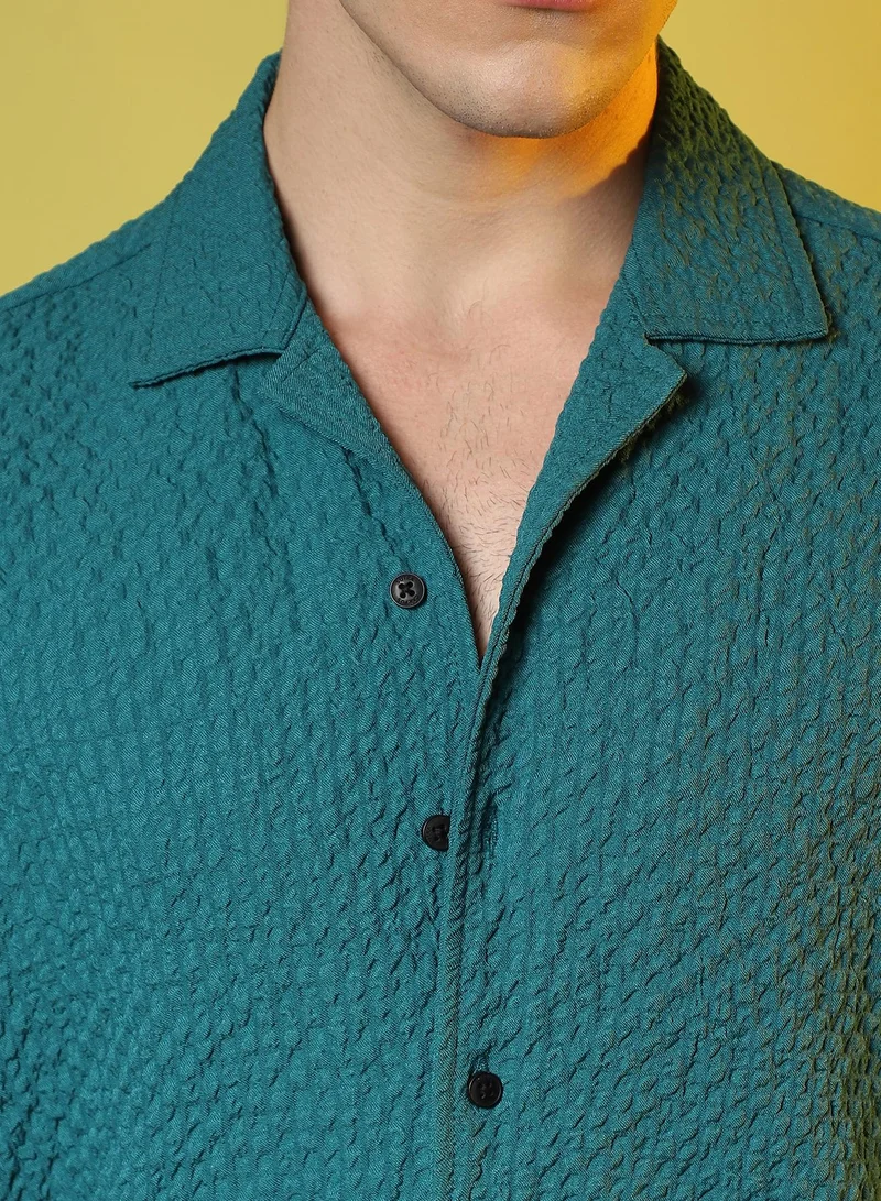 Campus Sutra Men's Teal Green Self-Design Creased Striped Shirt