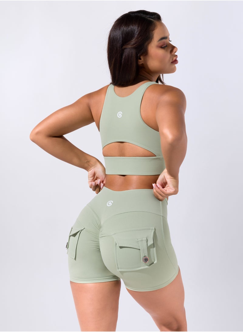 Pocket Scrunch Shorts - Pale Olive Green - Image 5
