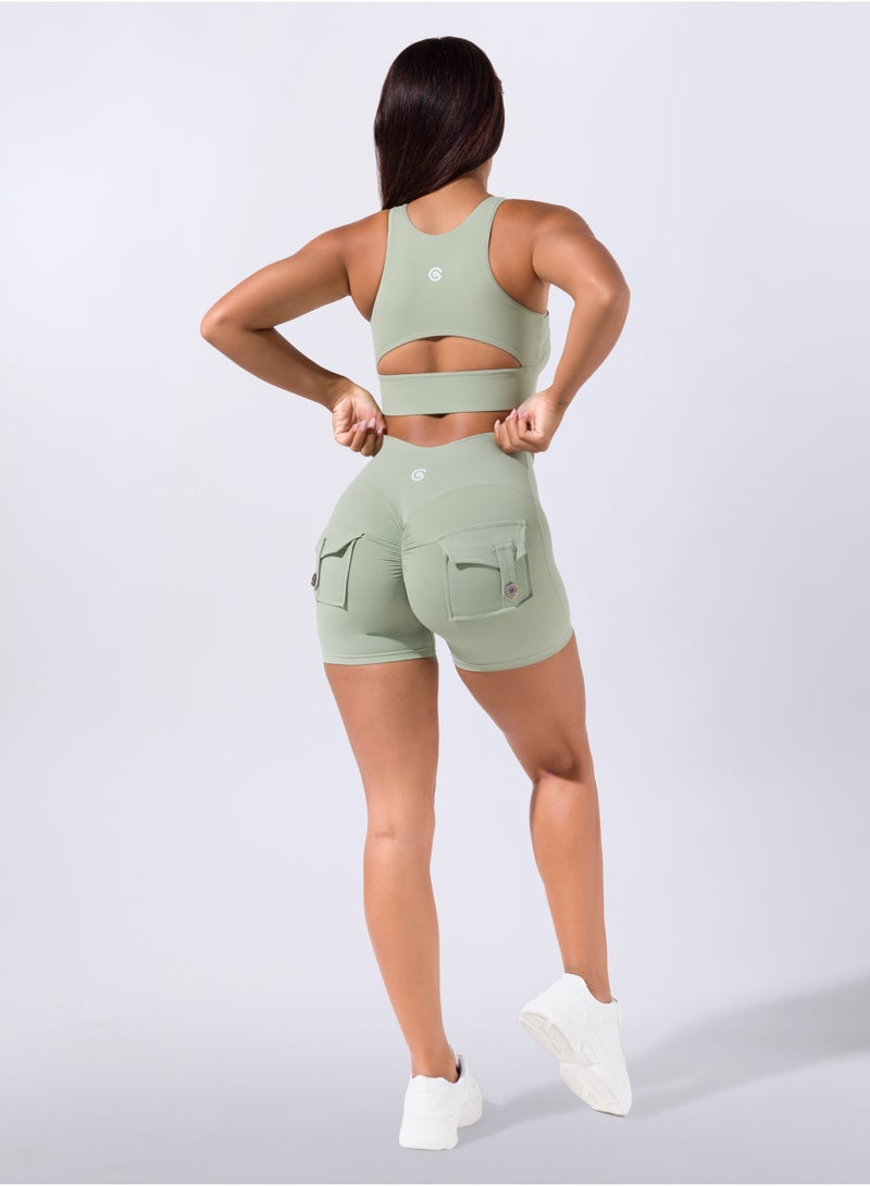 Pocket Scrunch Shorts - Pale Olive Green - Image 4