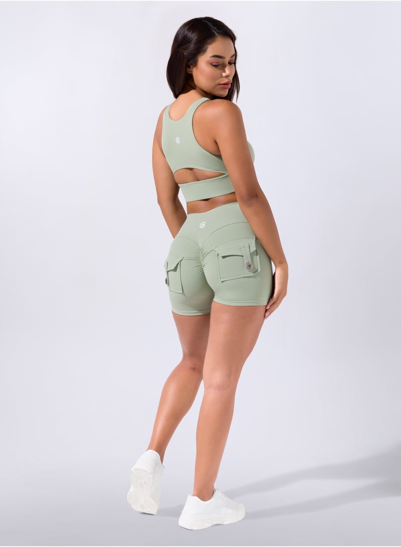 Pocket Scrunch Shorts - Pale Olive Green - Image 1