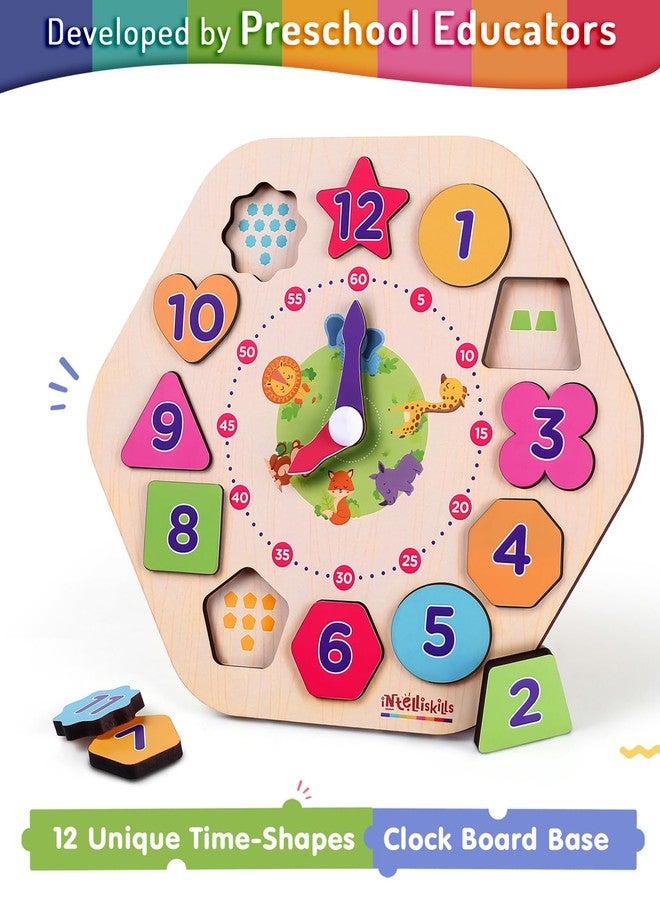 FIRSTCRY INTELLISKILLS Premium Tick-Tock O' Shape Stacking & Sorting Wooden Clock,Time Learning Clock Puzzle for kids, Early Learning & Educational Montessori Toys for 2+ Years,12 Shapes,Birthday Gift - Image 2