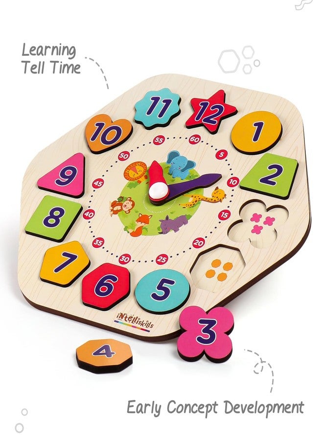 FIRSTCRY INTELLISKILLS Premium Tick-Tock O' Shape Stacking & Sorting Wooden Clock,Time Learning Clock Puzzle for kids, Early Learning & Educational Montessori Toys for 2+ Years,12 Shapes,Birthday Gift - Image 3