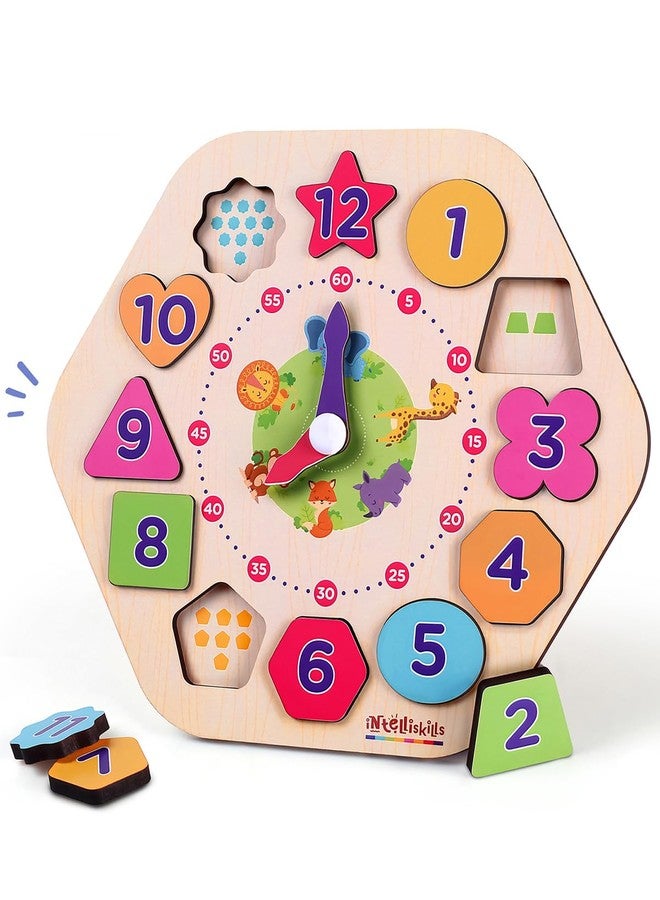 FIRSTCRY INTELLISKILLS Premium Tick-Tock O' Shape Stacking & Sorting Wooden Clock,Time Learning Clock Puzzle for kids, Early Learning & Educational Montessori Toys for 2+ Years,12 Shapes,Birthday Gift - Image 1