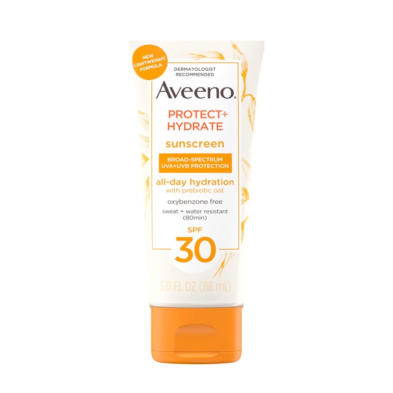 Aveeno Protect + Hydrate Moisturizing Body Sunscreen Lotion with Broad Spectrum SPF 30 & Prebiotic Oat, Weightless & Refreshing Feel, Paraben-Free, Oil-Free, Oxybenzone-Free, 3.0 fl. oz