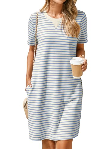 Glamaker Women Summer Tshirt Shift Dress Casual Striped Short Sleeve Crew Neck Knee Length Comfy Dress with Pockets (Blue Stripe L) - Image 1