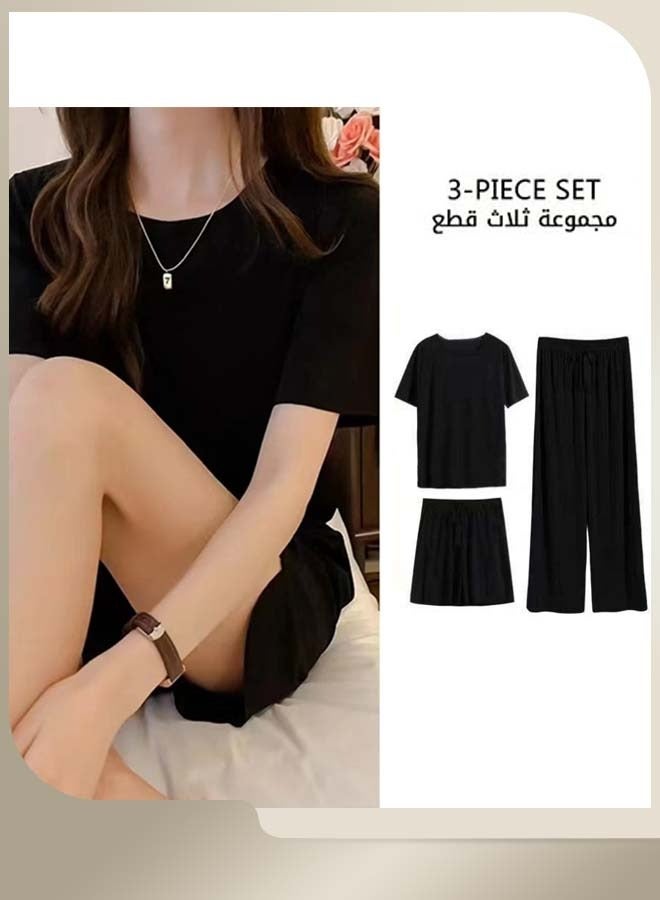 RIOXS Women's 3PCS Summer Pajamas Set, Short Sleeve Round Neck Shirt with Elastic Waist Shorts and Long Pants, Skin-friendly Soft Sleepwear, Cozy Stylish Loungewear  - Image 1