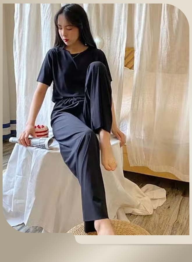 RIOXS Women's 3PCS Summer Pajamas Set, Short Sleeve Round Neck Shirt with Elastic Waist Shorts and Long Pants, Skin-friendly Soft Sleepwear, Cozy Stylish Loungewear  - Image 3
