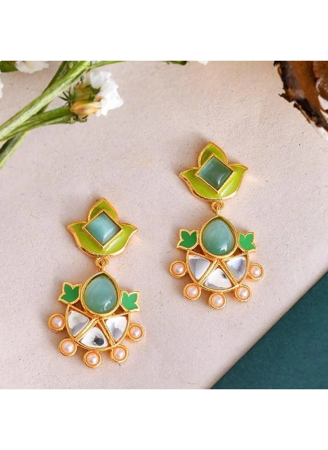 فويلا Forever More Green Enamelled Floral Pearls and Green Stones Earrings