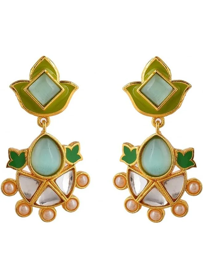 فويلا Forever More Green Enamelled Floral Pearls and Green Stones Earrings