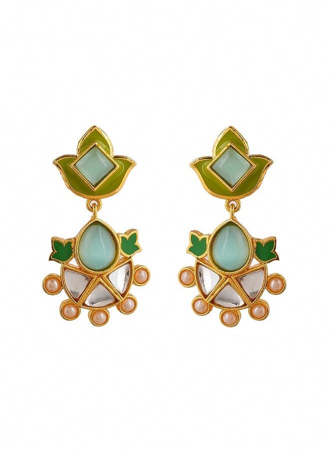 VOYLLA - Forever More Green Enamelled Floral Pearls and Green Stones Earrings - Image 1