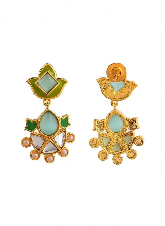 VOYLLA - Forever More Green Enamelled Floral Pearls and Green Stones Earrings - Image 1